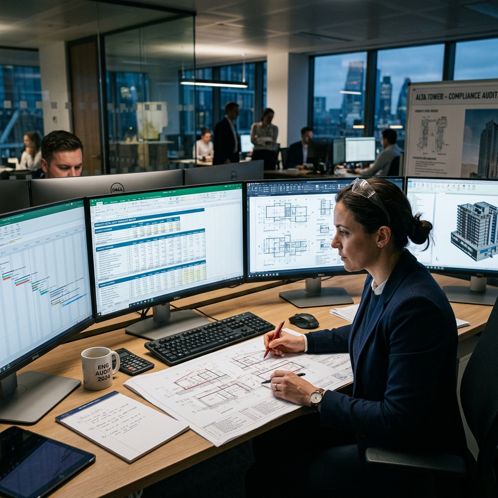 Engenheiro auditando finanças e plantas em múltiplos monitores