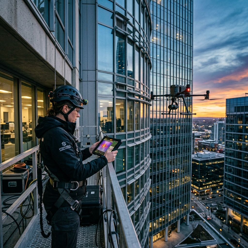 Inspeção Predial técnica sendo realizada em um edifício moderno